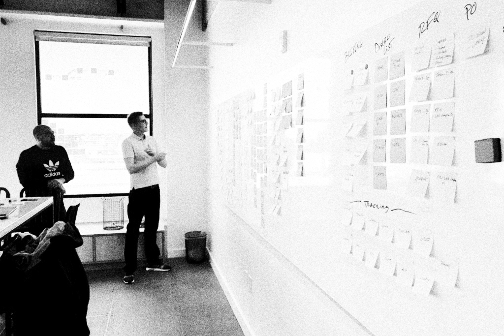 two designers in front of white board covered by postits